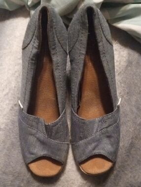 Toms Denim Grey Peep-Toe Wedge Shoes